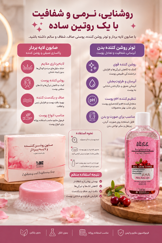 پک روشنکننده و شفافکننده پوست | صابون لایهبردار بیز + تونر روشنکننده ویتابلا