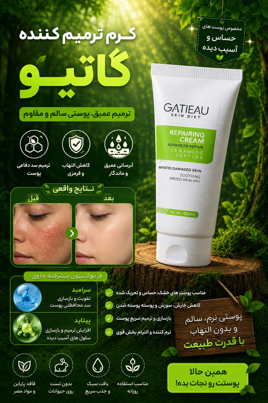 بیوممتیک 👉 کرم ترمیمکننده گاتیو GATIEAU | تقویت سد دفاعی و بازسازی پوست